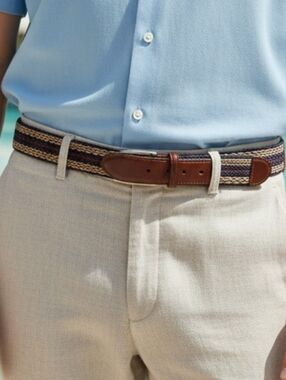 Brighton - Multi Colored Woven Fabric Belt, Stretch, Metal Buckle, Leather Ends